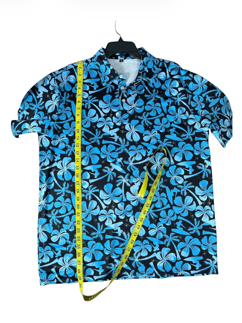 Men’s L Hawaiian Tropical Hibiscus Palm Tree Surf Polo Shirt Blue Black 23” Pit - Picture 4 of 5